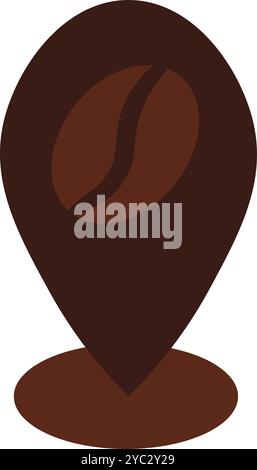 Vector illustration of location pin with coffee bean symbol in solid cartoon style. Coffee-themed event, a cafe menu element, a coffee shop advertisem Stock Vector