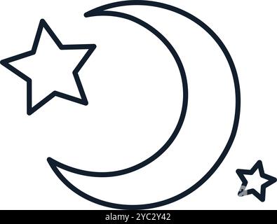 Vector illustration of crescent and stars in linear style. Science, discovery, and space symbol. Astronomy and cosmos element. The icon is perfect for Stock Vector