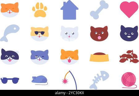 Large kit of pet care accessories, funny cat faces and toys. Collection of kitten avatars with different facial expressions. Set of multicolored icons Stock Vector