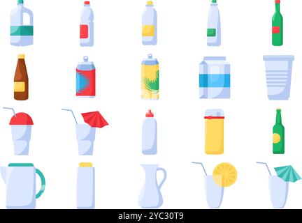 Vector plastic and glass containers for different beverages in a bright flat style. Tableware for picnics, trips, outdoor activities, banquettes, publ Stock Vector