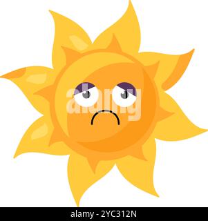 A vibrant vector illustration of stylized sun with a pensive sad face in bright yellow color in a cartoon style. Campaigns promoting mental health awa Stock Vector