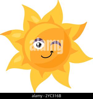 A vibrant vector illustration of stylized winking sun in bright yellow color in a cartoon style. The sun's face is friendly and inviting, radiating wa Stock Vector