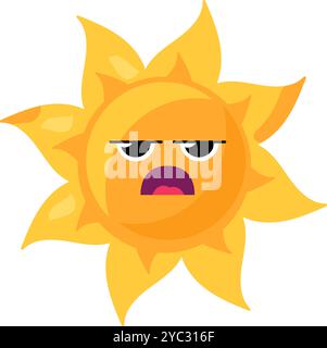 A vibrant vector illustration of stylized sun with an irritated expression in bright yellow color in a cartoon style. Bright emoticon character expres Stock Vector