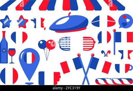 A vibrant set of vector illustrations in colors of French flag in a cartoon style. Collection of clip art: kissing lips, flags, emblems, decorations, Stock Vector