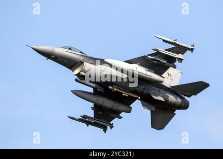 General Dynamics F-16 Fighting Falcon multirole fighter jet from the Belgian Air Force in flight over Leeuwarden Air Base. Oct 10, 2023 Stock Photo