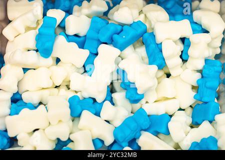 Assorted colorful gummy jelly candies. Top view. Jelly sweets. Stock Photo