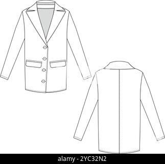 collared with flap pockets long sleeve buttoned long jacket coat overcoat outerwear template technic Stock Vector