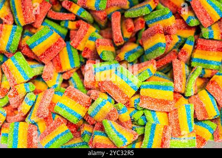 Assorted colorful gummy jelly candies. Top view. Jelly sweets. Stock Photo