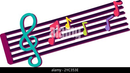 A vibrant vector illustration of colorful staff with treble clef and notes in joyful cartoon style. A lively music festival or celebration with joyous Stock Vector