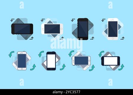 Rotate Your Phone vector Illustrations set in a flat style. Instruction of how to see apps in portrait or landscape mode on the phone. The web, teleph Stock Vector