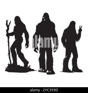 Set of sasquatch silhouettes isolated on a white background, Vector illustration. Stock Vector