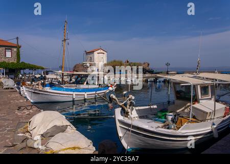 Traditional Fishing boats in Lesbos, Greece. Lesbos or Lesvos is a Greek island located in the northeastern Aegean Sea Stock Photo