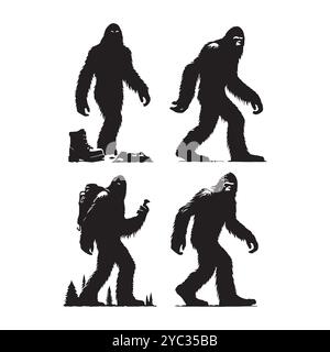 Set of sasquatch silhouettes isolated on a white background, Vector illustration. Stock Vector