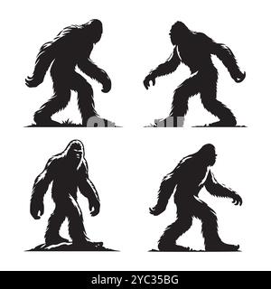 Set of sasquatch silhouettes isolated on a white background, Vector illustration. Stock Vector