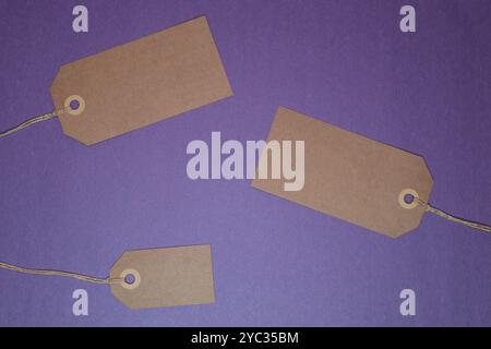 Blank brown paper tags set at an angle against a purple background Stock Photo