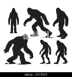 Set of sasquatch silhouettes isolated on a white background, Vector illustration. Stock Vector
