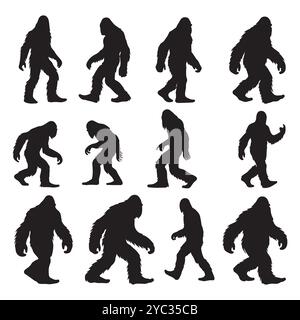 Set of sasquatch silhouettes isolated on a white background, Vector illustration. Stock Vector