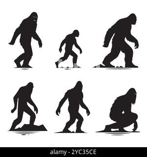 Set of sasquatch silhouettes isolated on a white background, Vector illustration. Stock Vector