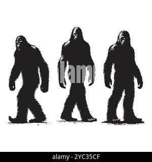 Set of sasquatch silhouettes isolated on a white background, Vector illustration. Stock Vector