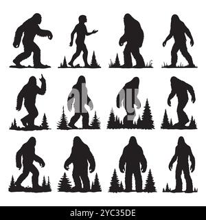 Set of sasquatch silhouettes isolated on a white background, Vector illustration. Stock Vector