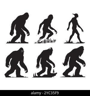 Set of sasquatch silhouettes isolated on a white background, Vector illustration. Stock Vector