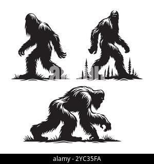 Set of sasquatch silhouettes isolated on a white background, Vector illustration. Stock Vector