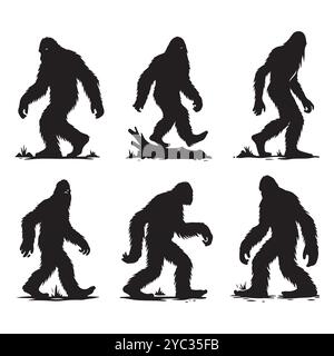 Set of sasquatch silhouettes isolated on a white background, Vector illustration. Stock Vector