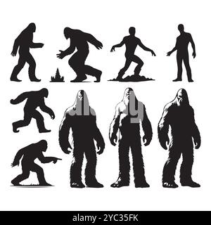 Set of sasquatch silhouettes isolated on a white background, Vector illustration. Stock Vector