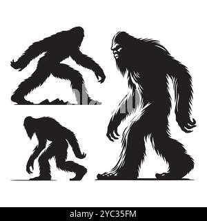 Set of sasquatch silhouettes isolated on a white background, Vector illustration. Stock Vector