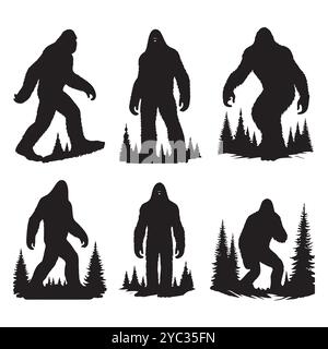 Set of sasquatch silhouettes isolated on a white background, Vector illustration. Stock Vector