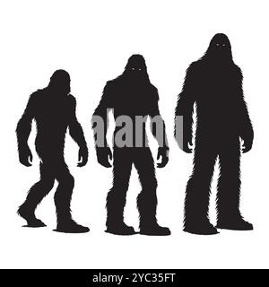 Set of sasquatch silhouettes isolated on a white background, Vector illustration. Stock Vector