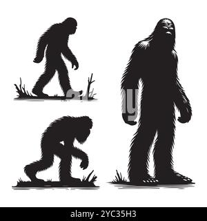 Set of sasquatch silhouettes isolated on a white background, Vector illustration. Stock Vector