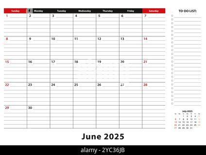 June 2025 Monthly Desk Pad Calendar week starts from sunday, size A3. June 2025 calendar planner with to-do list and place for notes. Stock Vector