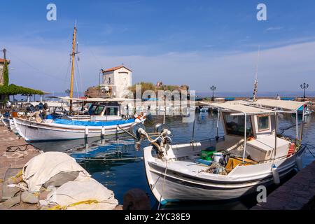 Traditional Fishing boats in Lesbos, Greece. Lesbos or Lesvos is a Greek island located in the northeastern Aegean Sea Stock Photo