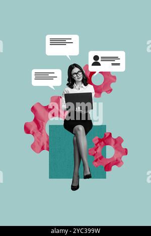 Composite trend artwork sketch image collage of monochrome young lady office manager remote laptop hr speech cloud profile candidate gear Stock Photo