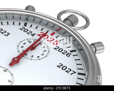 2025 year calendar on stopwatch. Isolated 3D illustration Stock Photo