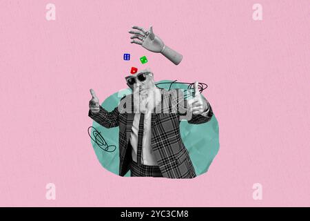 Composite trend artwork collage of monochrome silhouette aged man half head sunglasses casino dice play game gambling gesture finger point Stock Photo