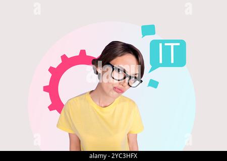 Trend artwork 3D image photo collage of young woman geek student eyewear face stand speech cloud it information technology gearwheel Stock Photo