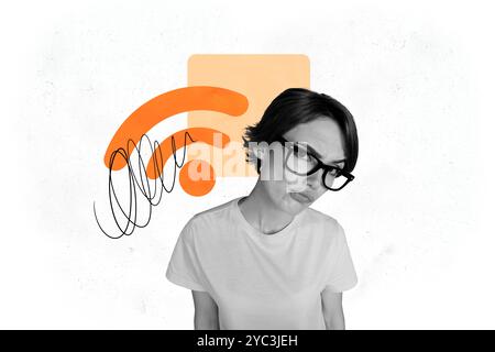 Creative image collage young unsure woman doubts hesitate think decide nerd digital wireless network connection signal wifi Stock Photo