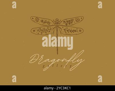 Butterfly label design lettering wild beetle cosmetics drawing in floral style on mustard background Stock Vector