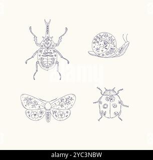Beetles elements rhinoceros beetle, snail, moth, ladybug drawing in floral style with blue on beige background Stock Vector