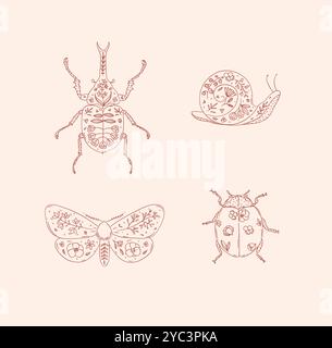 Beetles elements rhinoceros beetle, snail, moth, ladybug drawing in floral style with red on pink background Stock Vector