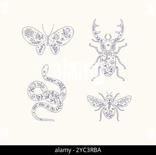 Beetles elements stag beetle, snake, moth, insect drawing in floral style with blue on beige background Stock Vector