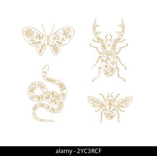 Beetles elements stag beetle, snake, moth, insect drawing in floral style with beige on light background Stock Vector