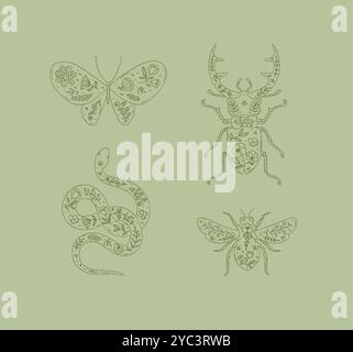 Beetles elements stag beetle, snake, moth, insect drawing in floral style on green background Stock Vector