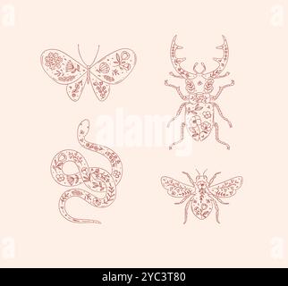 Beetles elements stag beetle, snake, moth, insect drawing in floral style with red on pink background Stock Vector