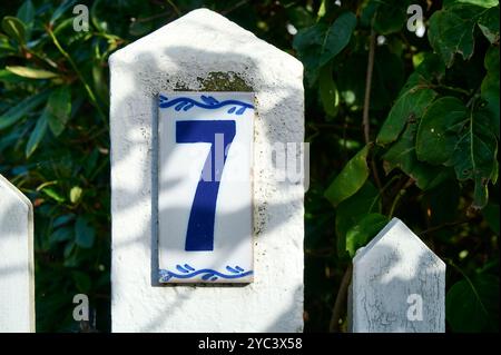 Blue number seven attached to garden gate Stock Photo