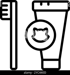 Dental hygiene for pets outline icon. Toothbrush and toothpaste for cats. Teeth cleaning. Vector isolated on white background. Stock Vector