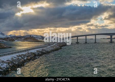 Tromso Norway sunset winter nature landscape at Sommaroy bridge Stock Photo