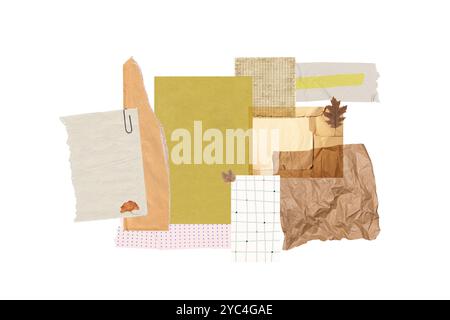 Collage made with different pieces of paper and a dry leaves on a white background Stock Photo